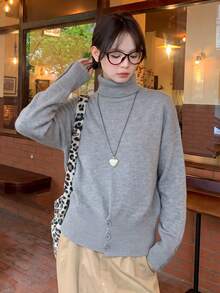 Women's Minimalist Commuter Style Solid Color High Neck Button Hem Drop Shoulder Long Sleeve Slim Fit Waist Soft Knit Sweater, Autumn/Winter - Grey - View 2