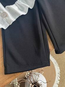 2pcs Baby Girl Luxury Fashion Flared Sleeve Ruffle Hem Faux Pocket Button Front Round Neck Jacket With Solid Color Straight Leg Casual Long Pants Set Spring Autumn - Black - View 6