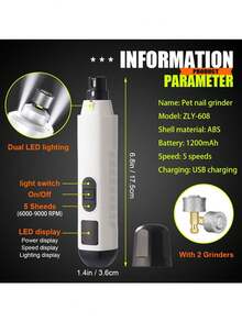 Grinder Upgraded - Professional 2-Speed Electric Rechargeable Pet Nail Trimmer Painless Paws Grooming & Smoothing For Small Medium Large Dogs & Cats Battery Capacity 1200mAh - View 7