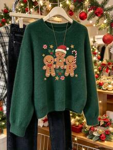 Women's Christmas-Themed Casual Long-Sleeve Sweater With A Round Neck, Dark Green. - Dark Forest Green - View 1