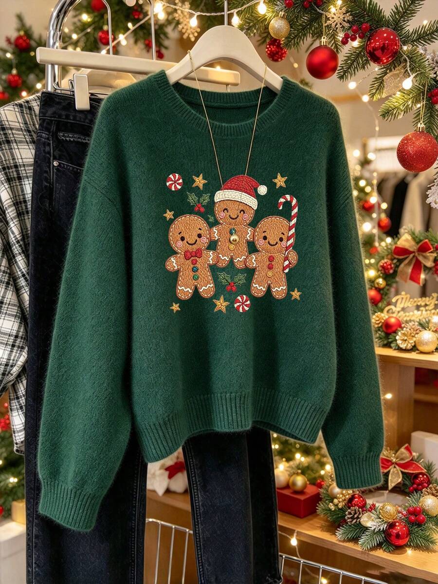 Women's Christmas-Themed Casual Long-Sleeve Sweater With A Round Neck, Dark Green. - Dark Forest Green - View 1