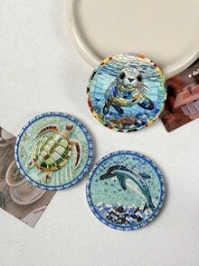 1pc Ocean Landscape Animal Fish Turtle Dolphin Seal Pattern Mosaic Art Style Gold Foil Embossed Ceramic Refrigerator Magnet, Suitable For Home Decor, Refrigerator, Daily Use And Holiday Birthday Gift, Mediterranean Cultural Creative - Round Ocean Landscape Design - View 8