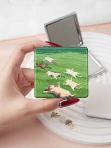 1PC Ins Anime Series Portable Vanity Mirror, Foldable Lightweight Ultra-Thin Convenient Hand Mirror, PU Leather, Suitable For Multiple Scenarios And All People, Foldable Small Square Mirror, Pocket Mirror, Cartoon Cat Grassland Sky Koi Printed Pattern Design, Exquisite Handheld 180° Flip Cover Multi-Function Mini Mirror - Multicolor - View 6