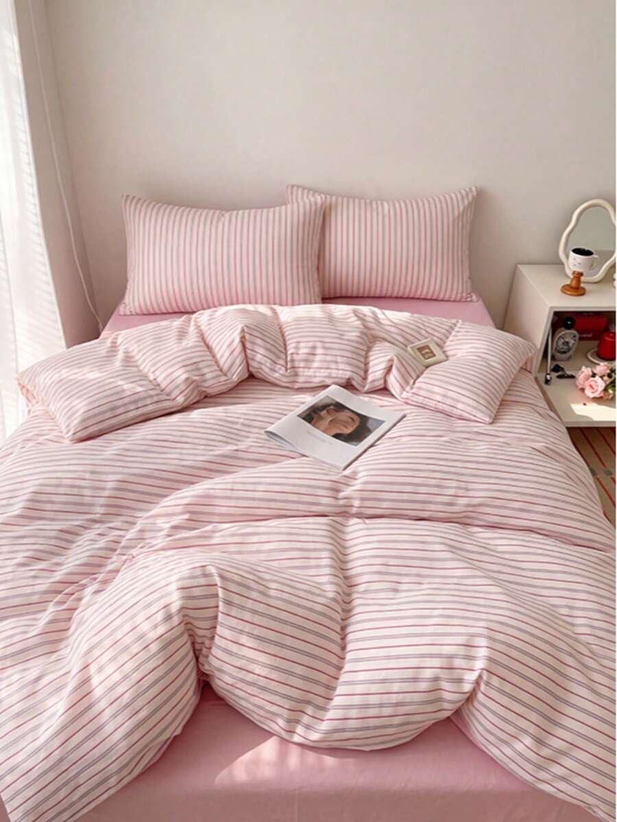 3pcs 100% Polyester Back To School Nordic Minimalist Striped Duvet Set 2 Pillowcases + 1 Duvet Cover Set Combination (No Bed Sheet)