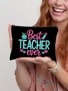 The Best Teacher Letter Design Ever, Apple Pencil Pattern Striped Zipper Makeup Bag, Travel Toiletry Bag, Large Capacity Storage Bag, Coin Purse, Suitable For Easter, Teacher's Day, Birthday, Gift For Sisters, Christmas - Multicolor - View 15