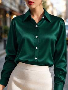 Plus Size Women's Fashion New Arrival Casual Satin Button-Up Shirt Spring - Green - View 1