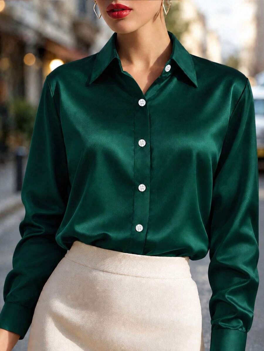 Plus Size Women's Fashion New Arrival Casual Satin Button-Up Shirt Spring - Green - View 1