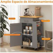 1 Pieza Isla de Cocina Pequeña sobre Ruedas, Carrito de Cocina Gris con 1 Cajón, 1 Gabinete, Estante Lateral de Especias de 3 Niveles y Parte Superior de Madera de Goma, para Cocina y Comedor - Gris - Ver 2