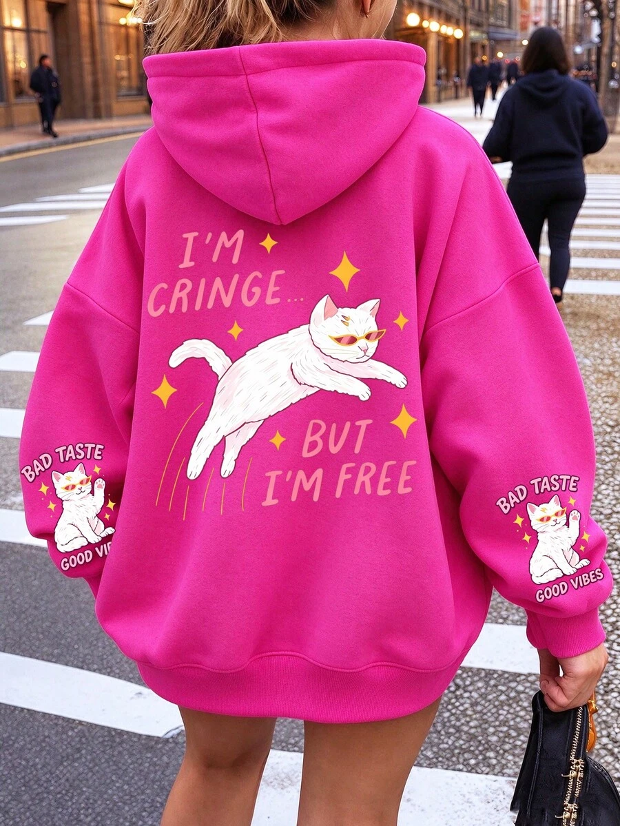 Women's Plus Size Fuchsia Hooded Sweatshirt With Playful Cat Graphic, Long Sleeve Drawstring Pullover, Suitable For Autumn/Winter, Dopamine Style, Streetwear, Versatile Loose Fit, Flattering Slimming, Suitable For Daily Wear, Layering - Hot Pink - View 1