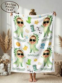 1pc Personalized Photo Blanket, Custom Photo Blanket, Dinosaur Print, Personalized Photo Memorial Blanket, Suitable For Bed/Sofa/Indoor/Outdoor, Custom Christmas Gift, Friend Gift, Family Gift, Birthday Gift, Wedding Gift, Gift For Friends, Gift For Her, Gift For Girlfriend, Gift For Mom/Dad - Style 1 - View 1