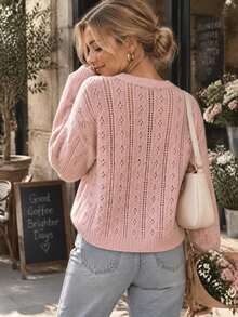 Áo cardigan len dệt jacquard ngắn nữ màu hồng nhạt, cổ tròn, đục lỗ, cài nút đơn, phong cách Pháp thanh lịch nhẹ nhàng, phù hợp mặc trong/ngoài cho mùa xuân/thu, đi hẹn hò, đi làm - Hồng - Xem 2