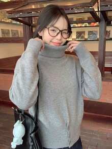 Women's Minimalist Commuter Style Solid Color High Neck Button Hem Drop Shoulder Long Sleeve Slim Fit Waist Soft Knit Sweater, Autumn/Winter - Grey - View 3