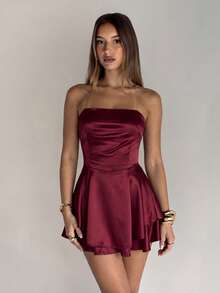Robe mini sexy en satin pour femme, sans bretelles, dos nu, à nouer, style gâteau, pour l'automne, soirée, robe de soirée, tenue de vacances, invitée de mariage - Rouge foncé - Voir 7