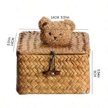 1pc Vintage Straw Woven Storage Box With Lid, Bear Decoration, Handmade Woven Organizer Bin For Bedroom Desktop, Cosmetics And Sundries, Home Decor - Multicolor - View 2