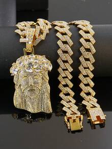 European And American Hip Hop Full Diamond Jesus Head Pendant Cuban Chain, Gold And Silver Dual Color Optional, Personalized Street Style Rhinestone Men's Rap Necklace - Jesus - View 20