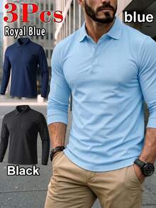3pcs Men's Polo Shirts, Versatile Loose Fit Long Sleeve POLO Shirts, Casual Sports Long Sleeve Shirts - Multicolor - View 3