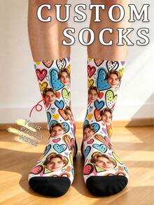 Calcetines de regalo creativos, unisex, personalizables con foto y retrato, media pantorrilla, estampado floral, salpicadura de tinta y corazón de grafiti - Blanco - Ver 7