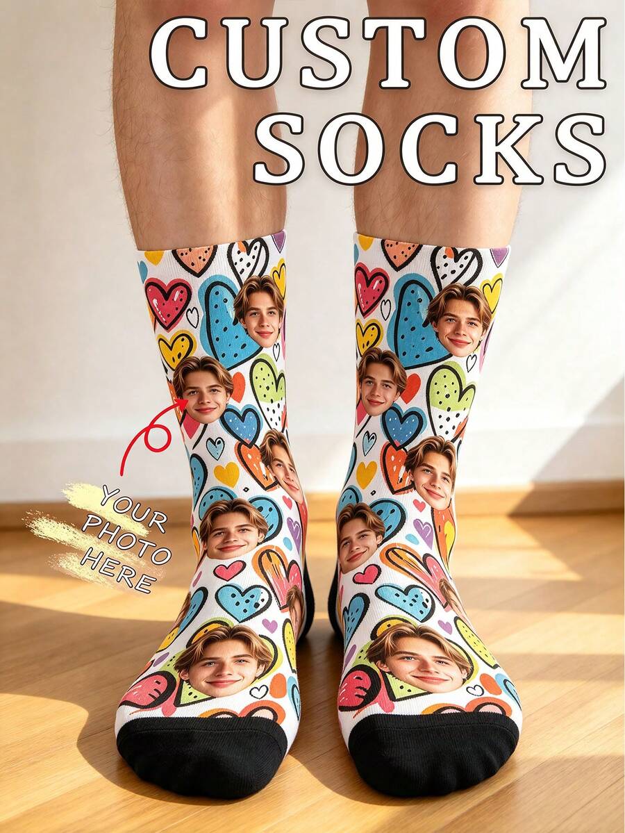 Creative Gift Socks, Unisex, Customizable With Photo And Portrait, Mid-Calf, Floral, Ink Splatter And Graffiti Heart Print - White - View 1