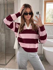 Women Striped Long Sleeve Regular Pullover Sweater With V Neck And High Stretch Fabric - Pink - View 3