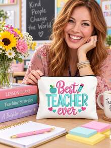 The Best Teacher Letter Design Ever, Apple Pencil Pattern Striped Zipper Makeup Bag, Travel Toiletry Bag, Large Capacity Storage Bag, Coin Purse, Suitable For Easter, Teacher's Day, Birthday, Gift For Sisters, Christmas - Multicolor - View 6