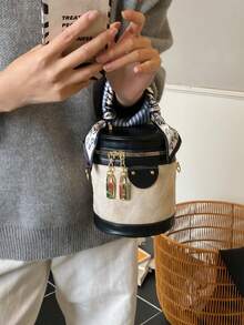 夏季百搭高端小眾女款斜挎水桶包，新款對比色編織紋理 - 黑色 - 查看 5