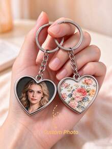 Personalized Stainless Steel Heart-Shaped Keychain With Photo, Fashionable Key Ring For Family Members And Couples, Suitable For Holiday And Birthday Gifts, Custom Photo Keychain For Men And Women - Silver Military Badge - View 7