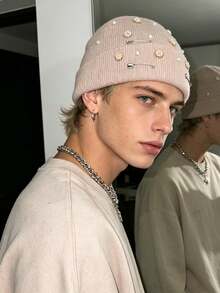 OBOVAY 1pc Men's Y2K Pin Rhinestone Pearl Knit Hat, Pin Decorated Rimless Beanie, Rhinestone Fashion Knit Hat, Suitable For Street Party Hip-Hop - Multicolor - View 3