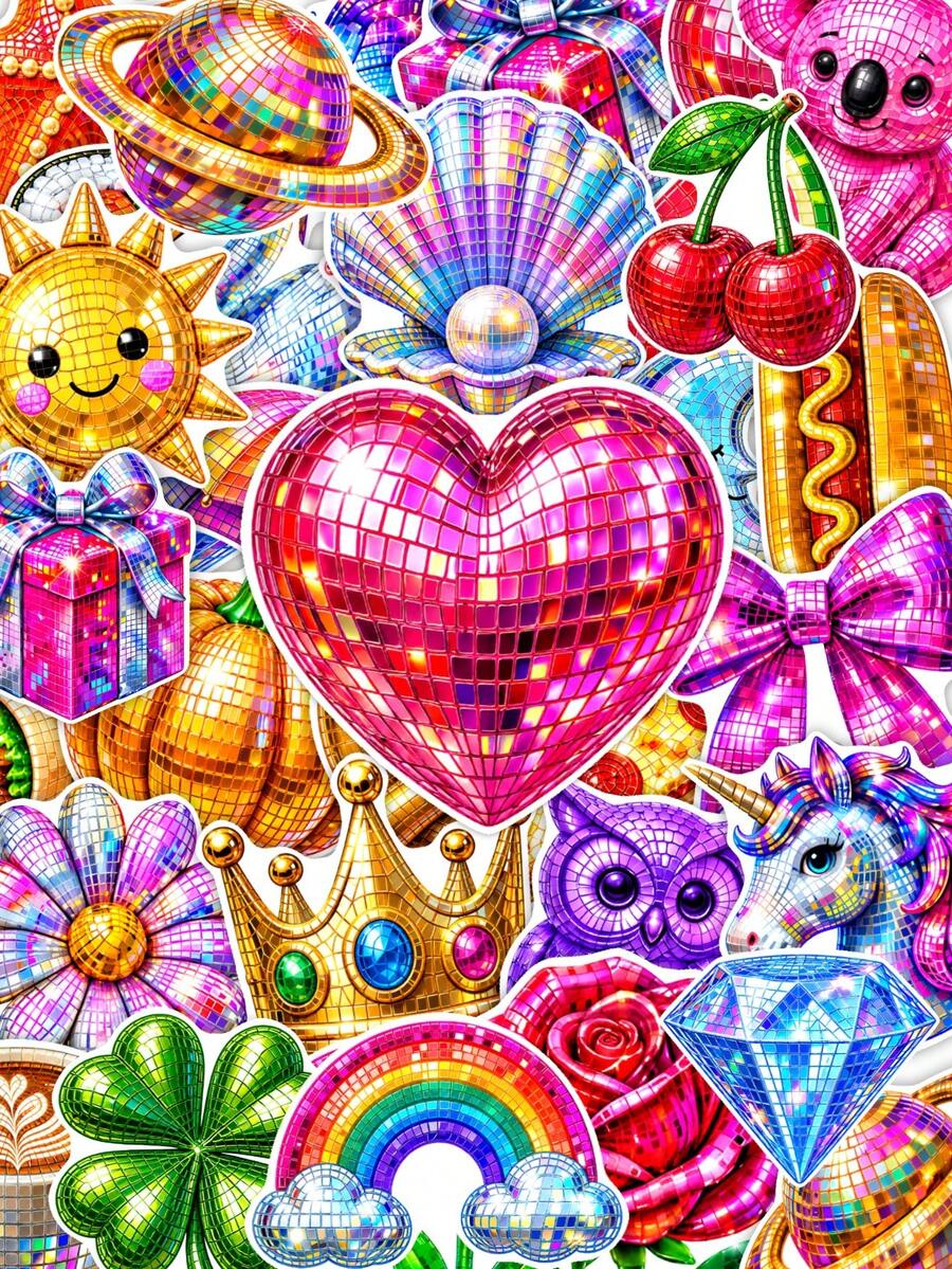 50Pcs Disco Ball Aesthetic Stickers, Rainbow Disco Heart Planet Crown Waterproof Vinyl Decals, DIY Decor For Water Bottle, Laptop, Scrapbook, Phone Case - Multicolor - View 1