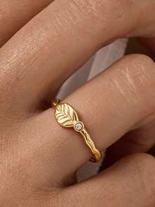 1pc 18K Gold Plated Luxury Round Cut White Gemstone Ring, Leaf Embossed Ring, Bark Texture Ring, Exquisite Holiday Party Gift For Women - Yellow Gold - View 10
