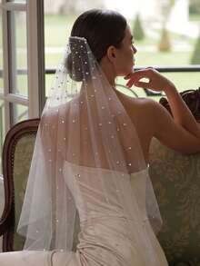 1pc Vintage Rhinestone Single Layer Bridal Veil, Fingertip Length, Suitable For Bachelorette Party, Wedding And Elopement Photoshoot - White - View 3