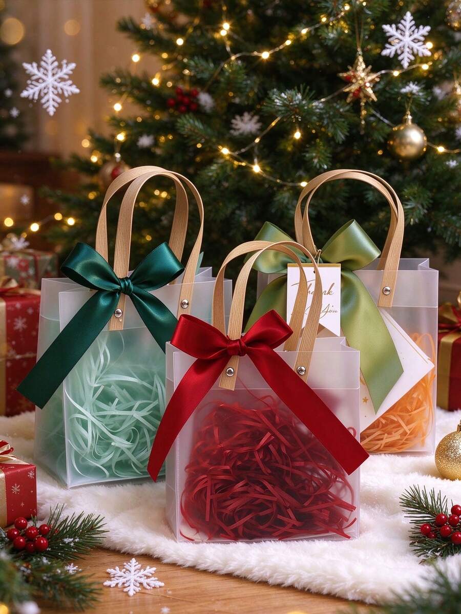 6pcs/Set Frosted Christmas Gift Bags For Parties – Reusable Tote Bags With Handles And Ribbon Bows; Suitable For Weddings, Baby Showers, And Holiday Gifts; Transparent Gift Bags - Multicolor - View 1