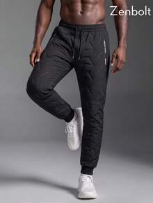 ZenBolt Men's Winter Geometric Quilted Joggers, Fleece Lined, Warm, Drawstring Waist, Zipper Pockets, Suitable For Outdoor Use - Black - View 4