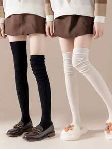 4 Pairs One Size Vintage Loose Fuzzy Knee-High Thigh Socks, Featuring Fine Vertical Striped Knit Craftsmanship, Elastic Cuff - Multicolor - View 13