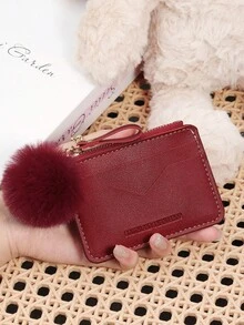 Fashionable Zipper Multi Slot Wallet, With A Pom-Pom Charm, Multi Card Slot, Large Capacity Credit Card Storage Bag, Suitable For Outdoor Use - Pink - View 12