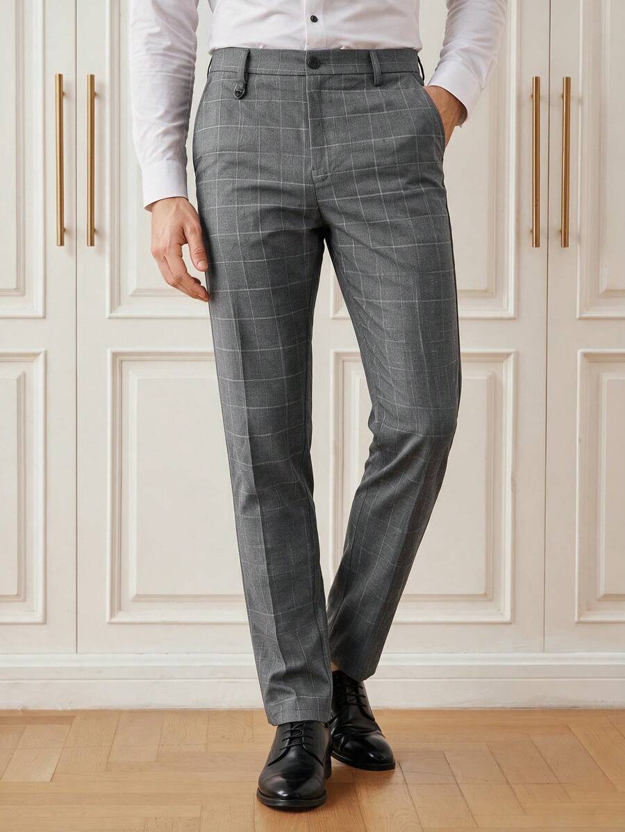 Officeau Men's Grey Plaid Slim Fit Suit Pants, For Formal Business/ Office - Grey - View 1