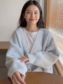 Women's Solid Color Minimalist Casual Cardigan,Long Sleeve Tops - Baby Blue - View 5