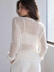 Yuwenier White Semi-Transparent Fuzzy Knit Cardigan, V-Neck Front Button Long Sleeve Lightweight Spring Autumn Winter Cafe Casual Daily Vacation Outfit - Beige - View 4