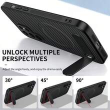 Carbon Fiber Texture Magnetic Phone Case With Built-In Invisible Rotating Stand, Multi-Angle Horizontal And Vertical Viewing, Strong Magnet Compatible With Magnetic Accessories, Full Coverage Anti-Drop Slim Anti-Fingerprint Independent Button Protective Shell, Suitable For Samsung S26/25/24/23Ultra S26/25/24/23plus S26/25/24/23 - Black - View 4