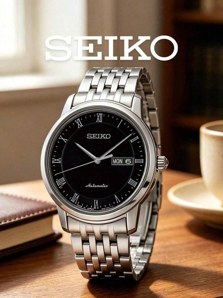 Seiko Men's Automatic Mechanical Watch With Black Dial, Roman Numerals, Day And Date Display, Self-Winding, Formal Steel Band, Suitable For Office, Party, Wedding, Gift For Father And Friends - Silver - View 1