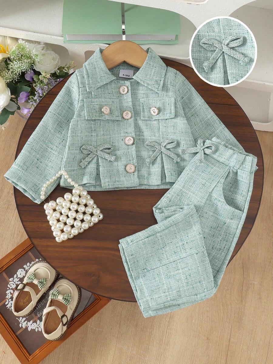 2pcs Baby Girl Elegant Fresh Turn-Down Collar Open Front Jacket & Pants Set, Autumn/Winter Casual Commute Outfit - Mint Green - View 1