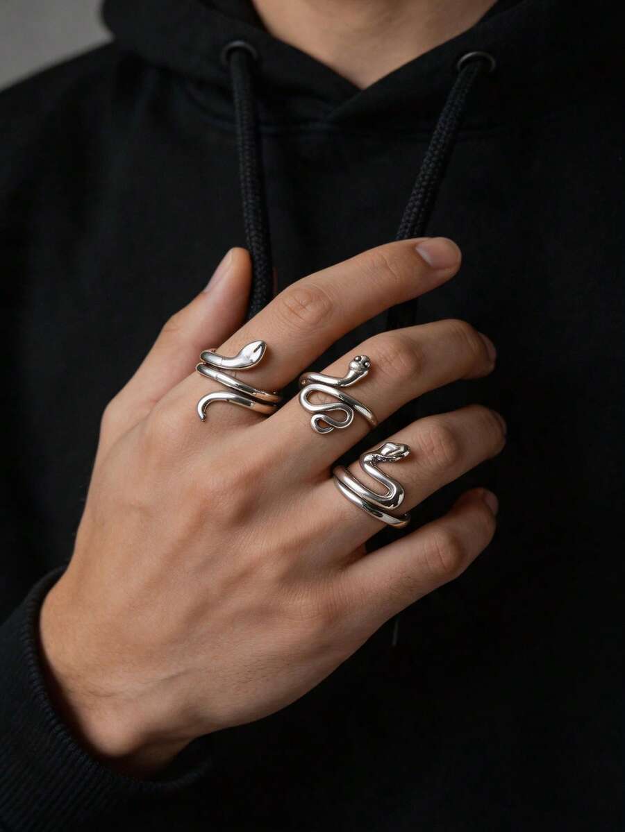 3pcs Minimalist Vintage Personalized Zinc Alloy Snake Open Ring For Men, Suitable For Daily Wear Jewelry Accessory, Holiday Gift Birthday Gift For Friends - Silver - View 1