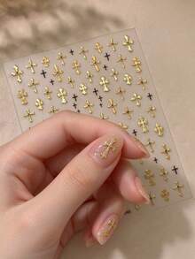 1 Sheet Retro Gothic Cross Nail Stickers, 5D Gold Embossed Holographic Iridescent Self-Adhesive Nail Art Decals, Autumn Winter Nail Decorations - Multicolor - View 1
