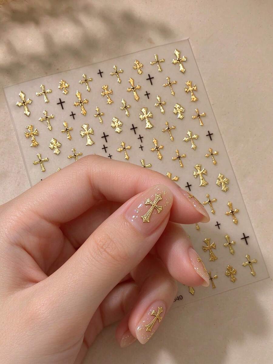1 Sheet Retro Gothic Cross Nail Stickers, 5D Gold Embossed Holographic Iridescent Self-Adhesive Nail Art Decals, Autumn Winter Nail Decorations - Multicolor - View 1