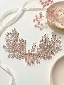 Light Luxury Mori Style Bridal Hair Accessories, Pearl & Marquise Rhinestone Leaf Hair Clip/Comb, Wedding Makeup Styling Accessory, Banquet Hair Ornament - Gold - View 11