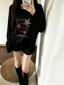 Women's Spring/Autumn Loose Fit Versatile Crew Neck Fashion Top Casual Graffiti Star Letter Print Comfortable Long Sleeve T-Shirt - Black - View 1