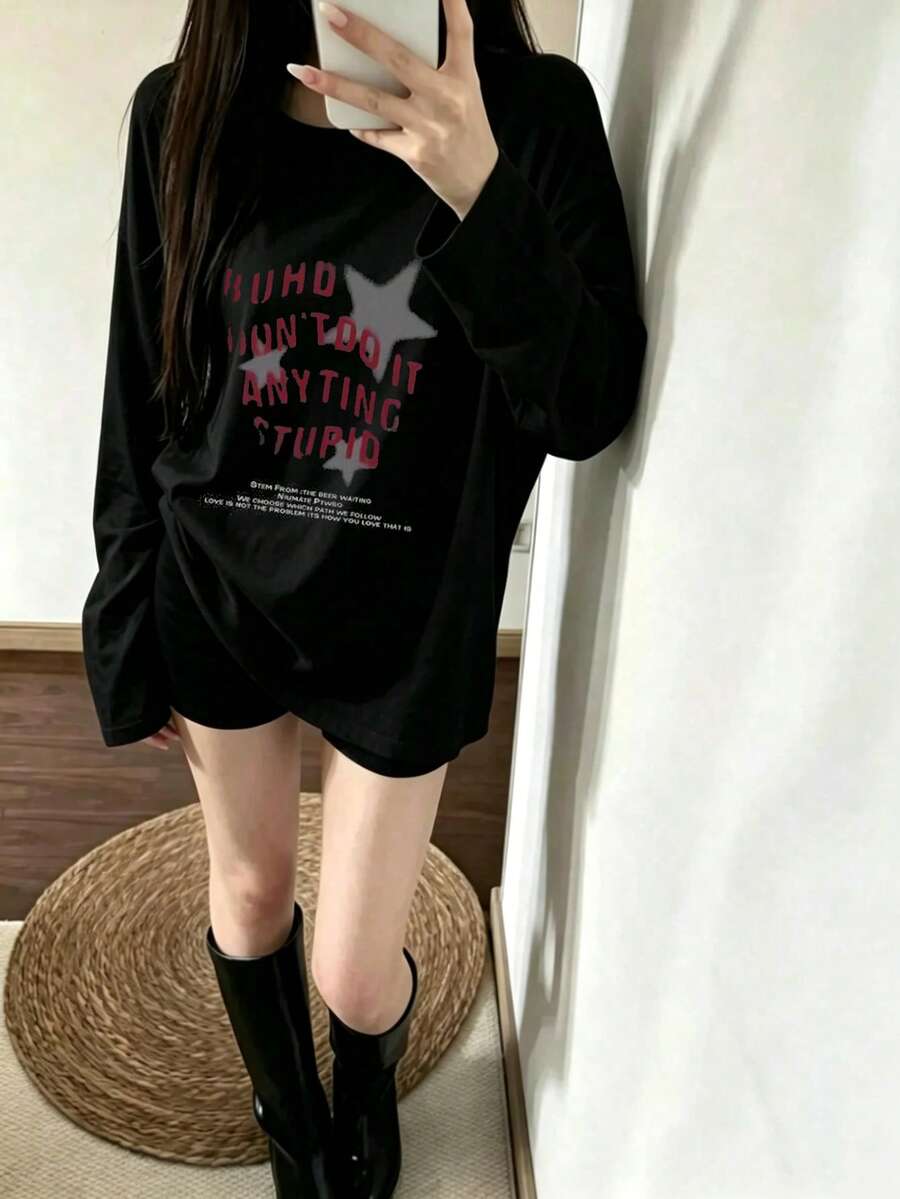 Women's Spring/Autumn Loose Fit Versatile Crew Neck Fashion Top Casual Graffiti Star Letter Print Comfortable Long Sleeve T-Shirt - Black - View 1