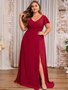 Plus Size Women's Chiffon Slit Ruffle Short Sleeve Elegant Bridesmaid Dress - Burgundy - View 1