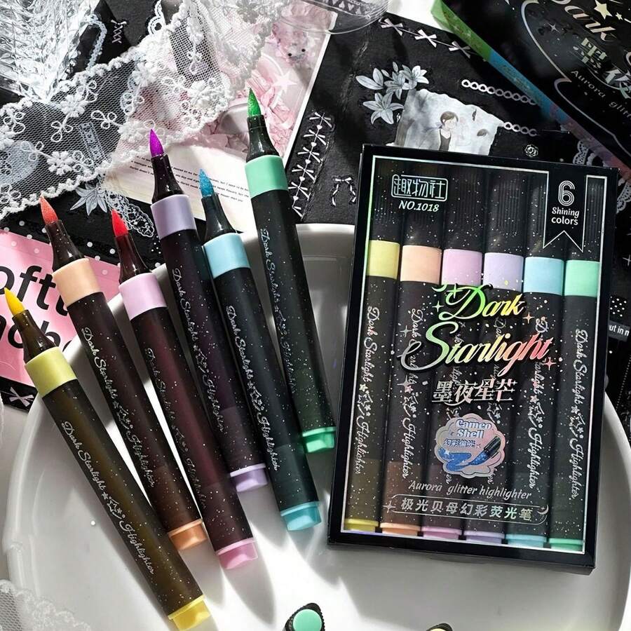 12pcs Glitter Fluorescent Marker Set, Office Drawing Marking Graffiti Journaling Pens, Soft Tip, Triangular Barrel, Quick-Drying Ink, Vibrant Colors, Smooth Ink Flow, Black Style Design, Suitable For Note Annotation, Greeting Card Drawing, Art Painting, Ideal As Stationery Gift, Holiday Gift - Multicolor - View 1