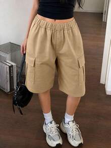 Teen Girls' Elastic Waist Solid Color Casual Utility Shorts, Versatile For Daily Wear - Khaki - View 10