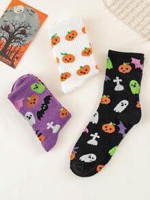 3 Pairs Women's Halloween Themed Socks, Cartoon Ghost Pumpkin Tombstone Mid-Calf Socks, Soft Elastic Socks, Suitable For Autumn Holiday Cosplay Party - Multicolor - View 6